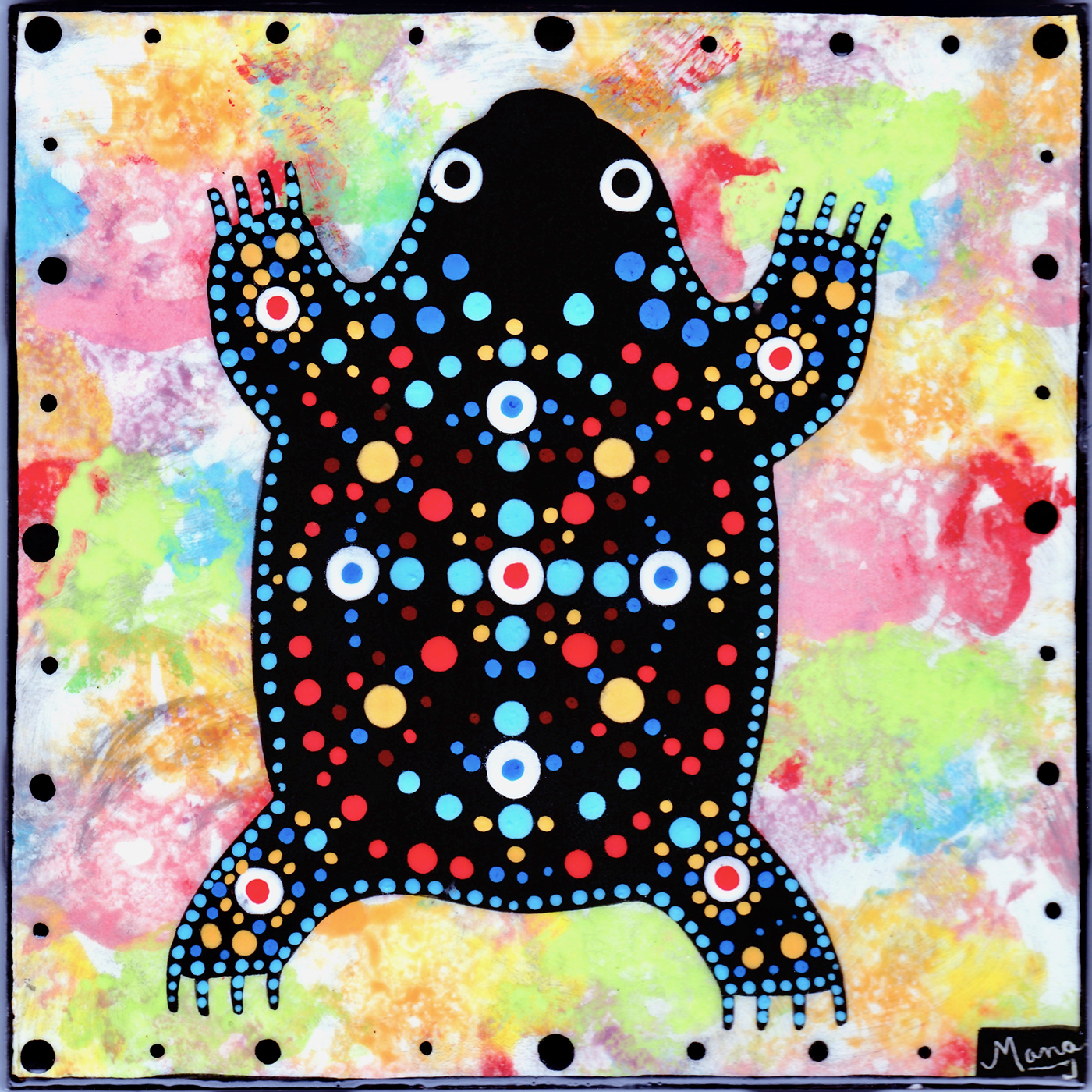 Mana Pottery clay tile featuring jumping toad on confetti background