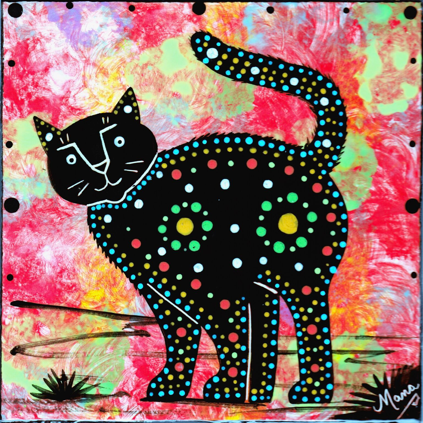Mana Pottery tile with cat on scarlet