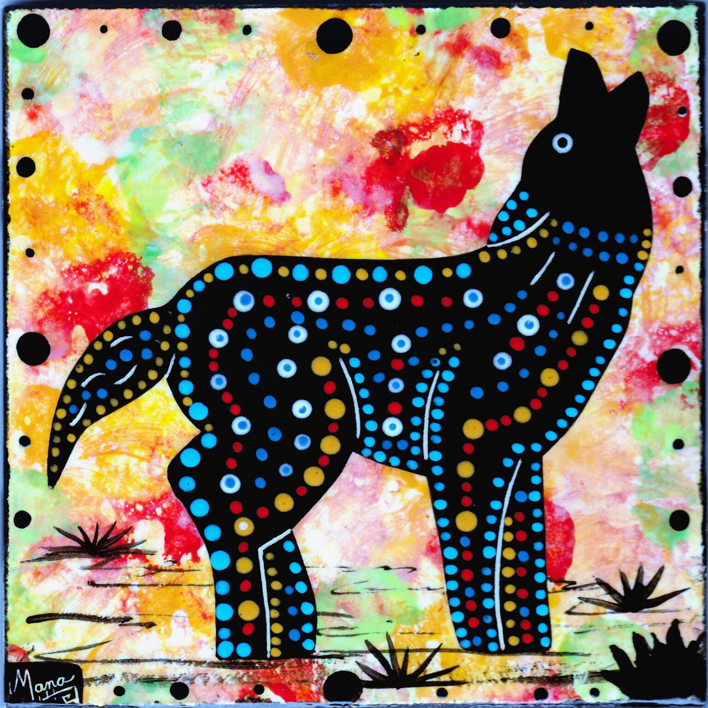Mana Pottery 6 inch clay tile with coyote on pink