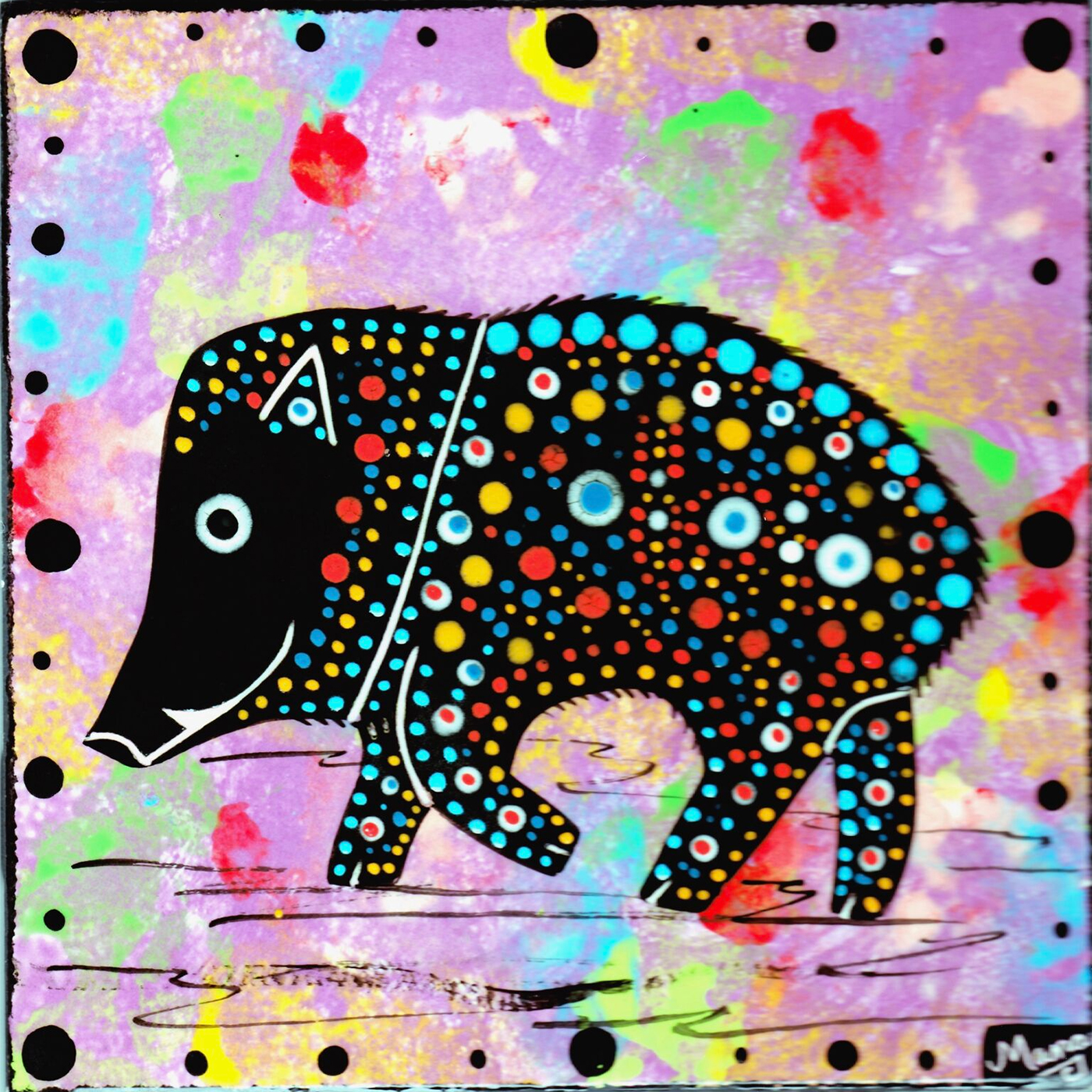 Mana Pottery 6 inch clay tile with javalina on purple
