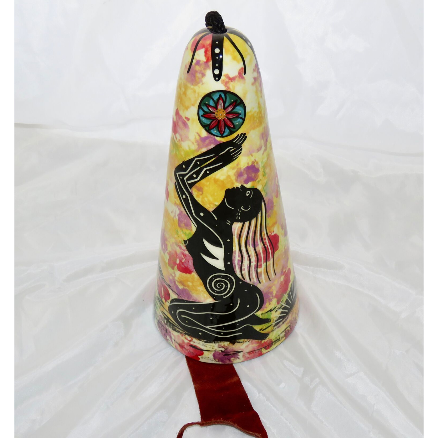 Mana Pottery tall wind bell with praying woman under peyote moon, confetti