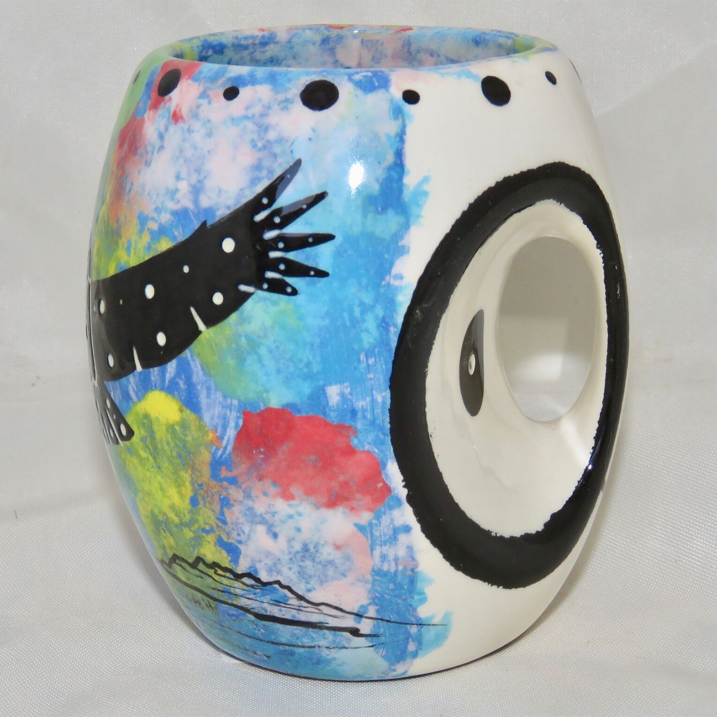 Mana Pottery Owl Mug with hawk in flight - side view 2