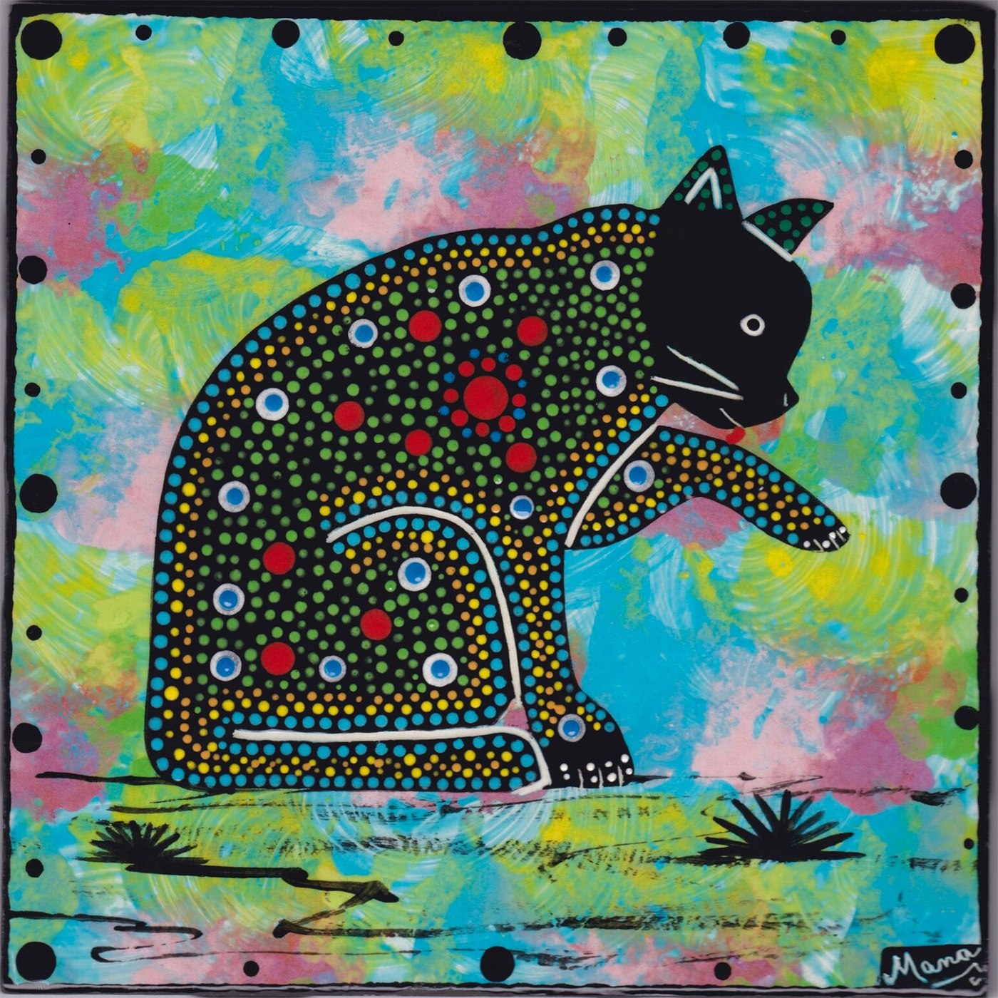 6 inch clay tile with cat on turquoise blue by Mana Pottery