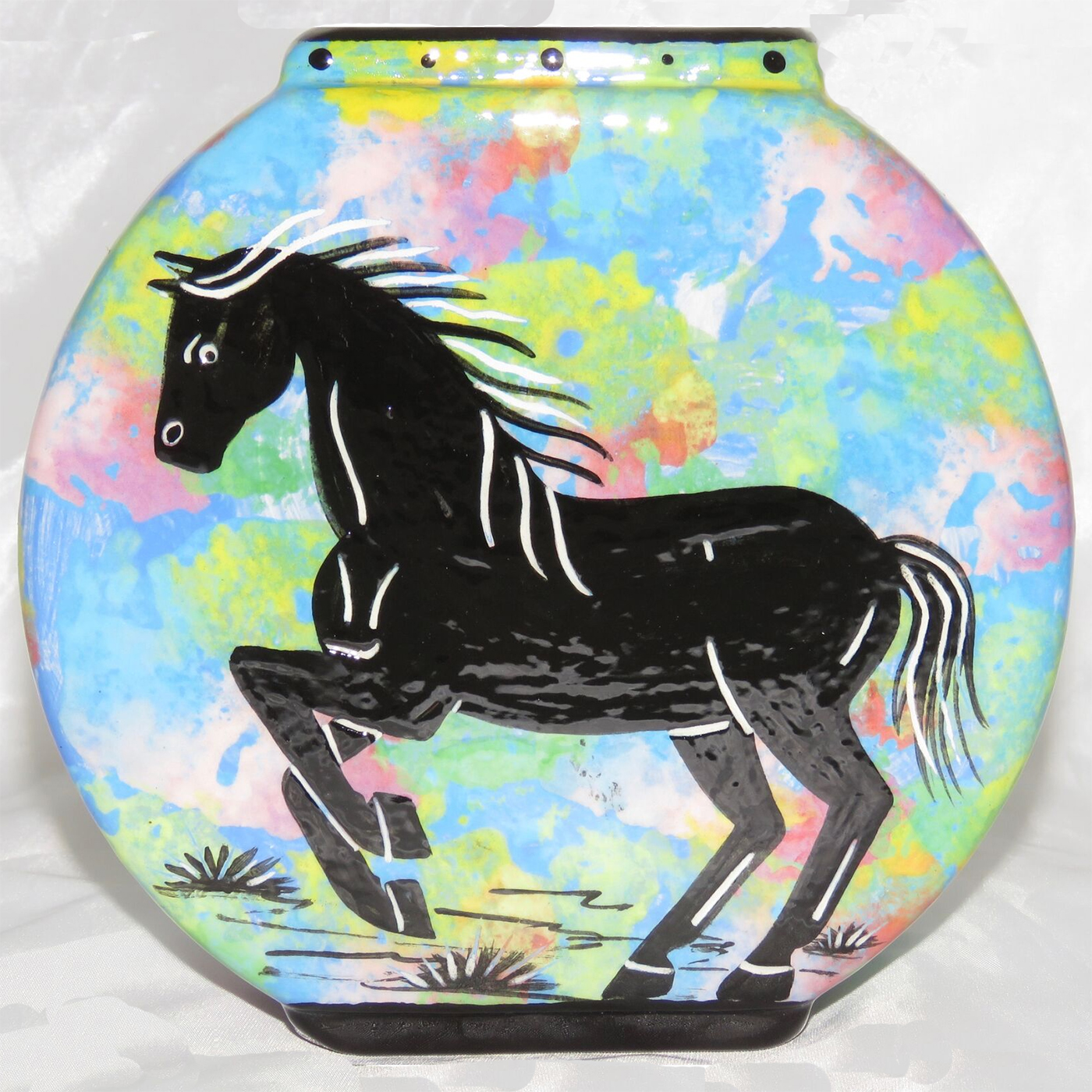 Pillow vase with horse on one side and native Aravaipa vegetation on the other on turquoise blue, by Mana Pottery