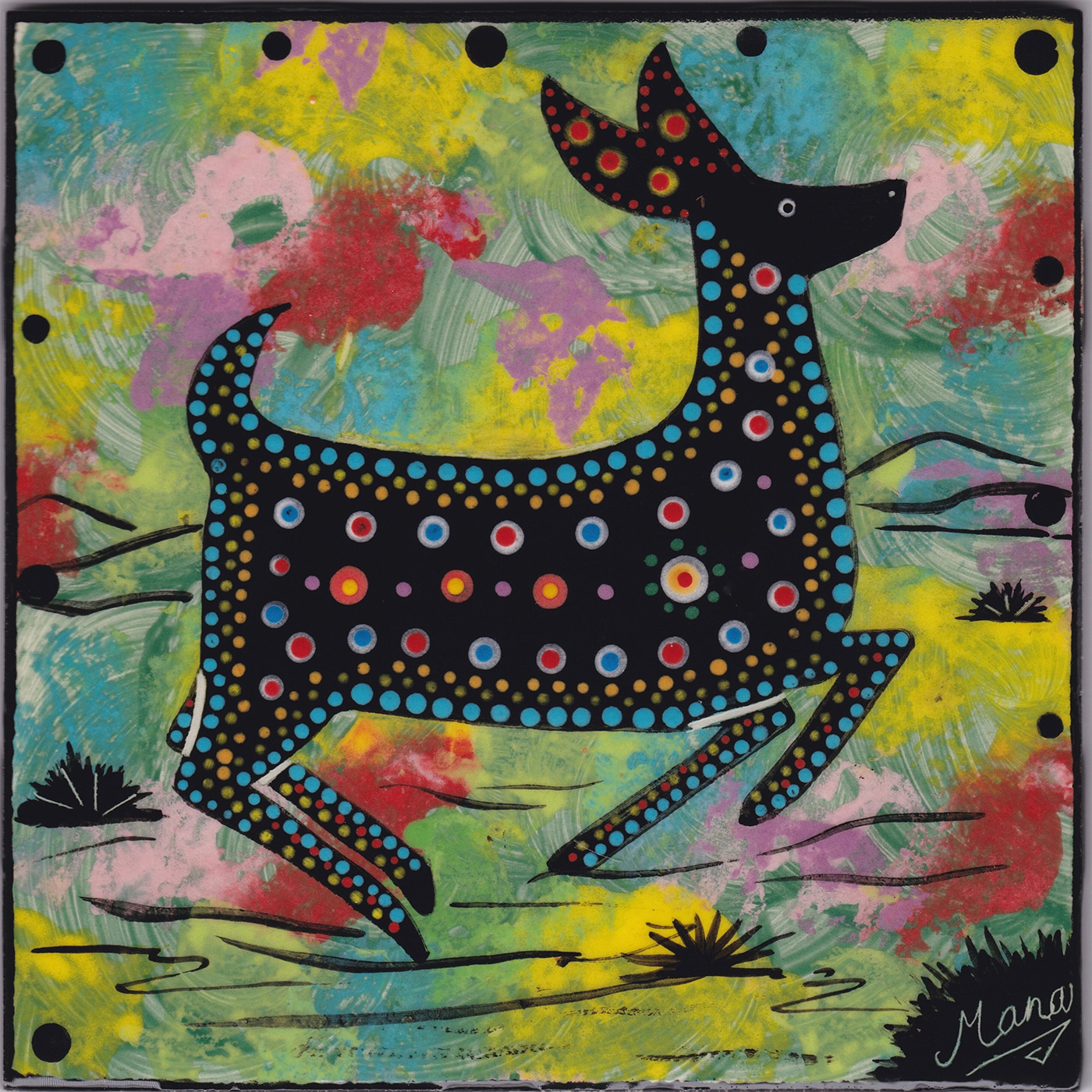 6" clay tile - deer running right on mostly green