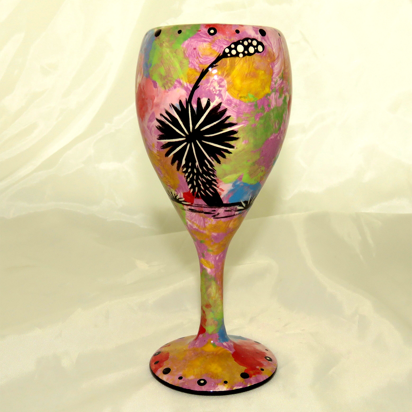 Wine glass with hummingbird on purple - REVERSE, showing Aravaipa vegetation