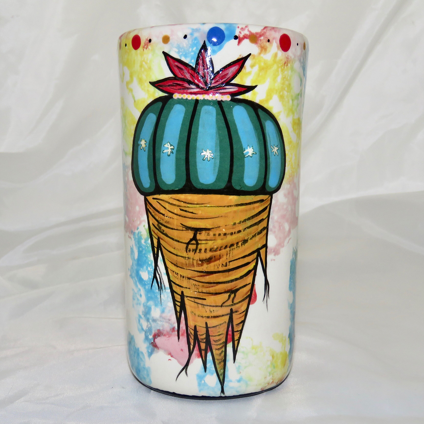 Mana Pottery clay shot glass featuring Peyote root on one side and native Aravaipa vegetation on reverse