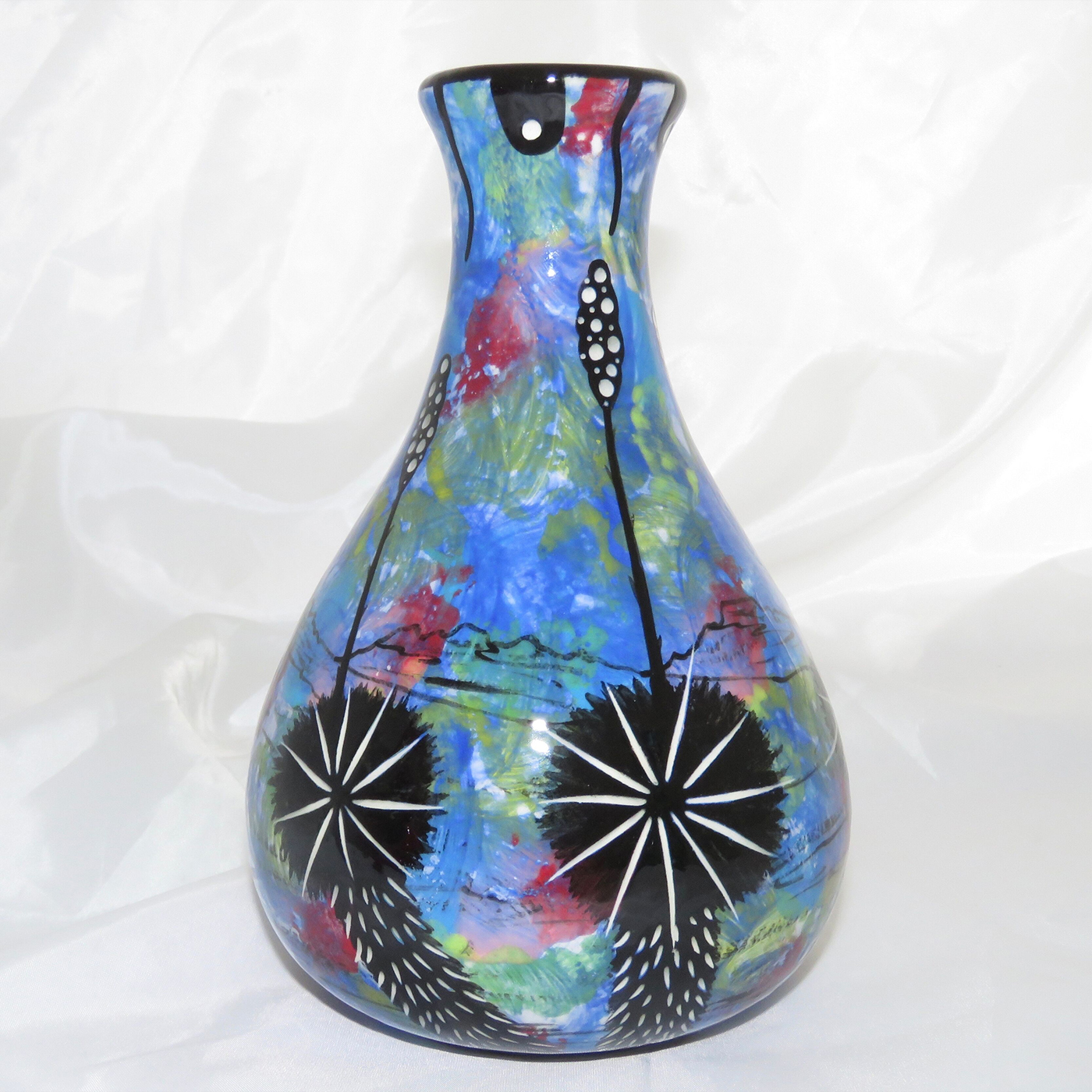 Mana Pottery Teardrop Vase with hummingbird on one side and native Aravaipa vegetation on reverse. Image shows reverse side.