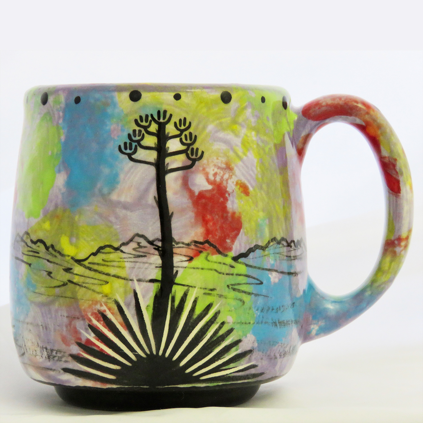 Mana Pottery Country Cup featuring Praying Woman on violet. Reverse side shows Aravaipa vegetation.
