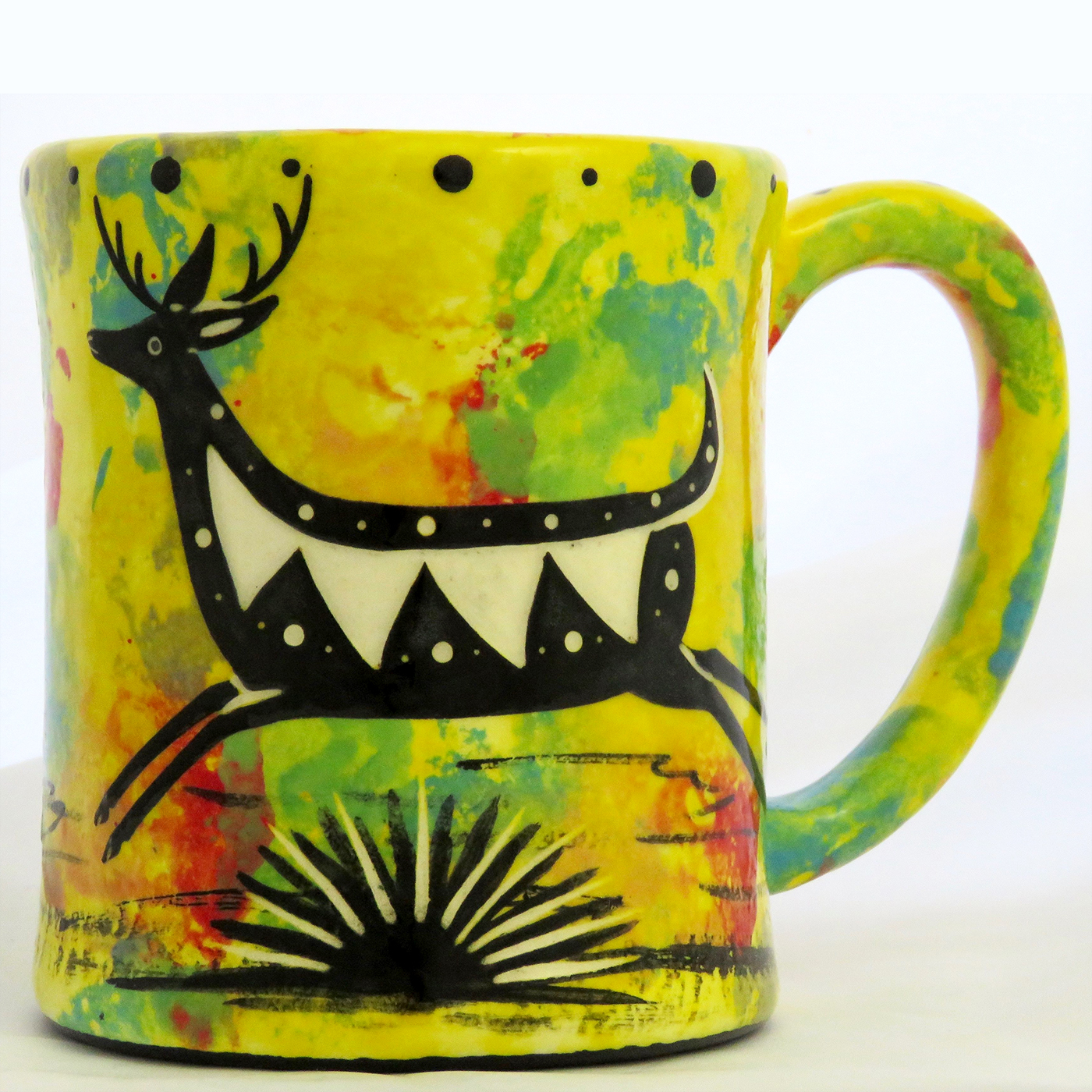 Mana Pottery e-mug with running deer on bright yellow background