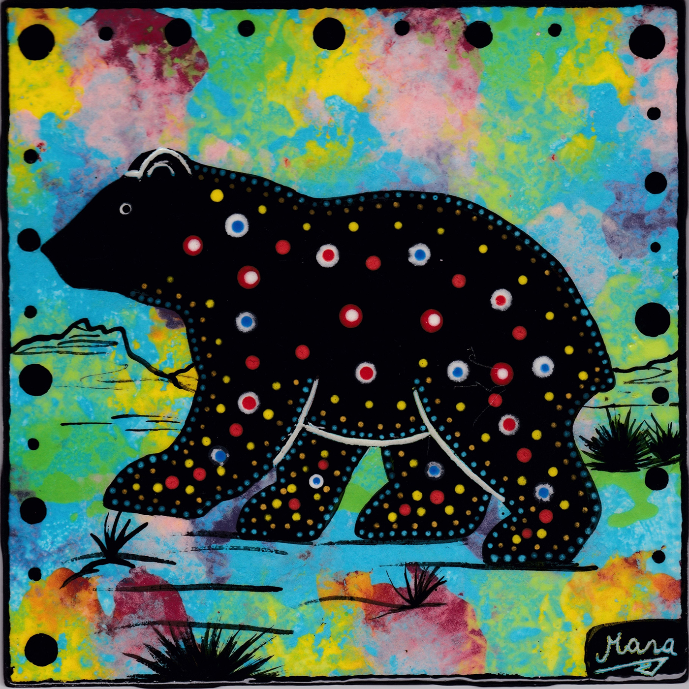Mana Pottery bear design on 6 inch clay tile
