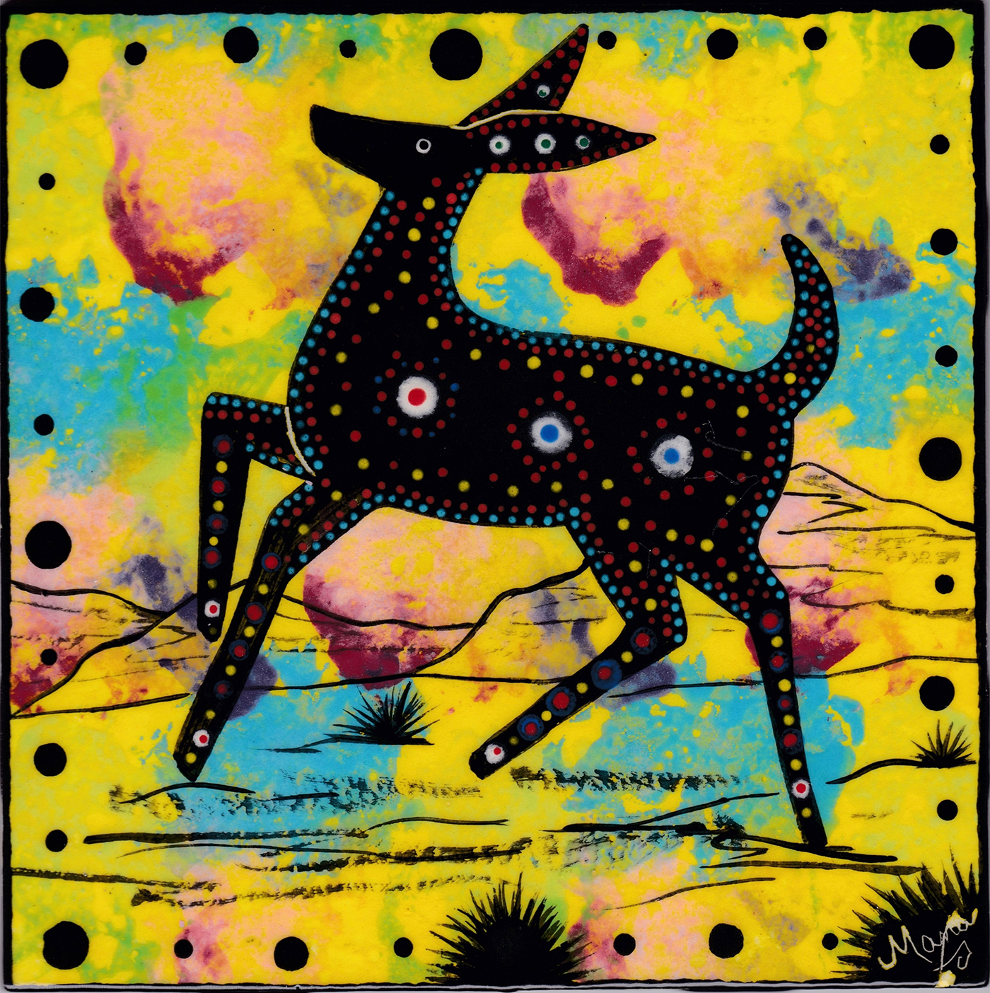 Mana Pottery deer design on 6 inch clay tile