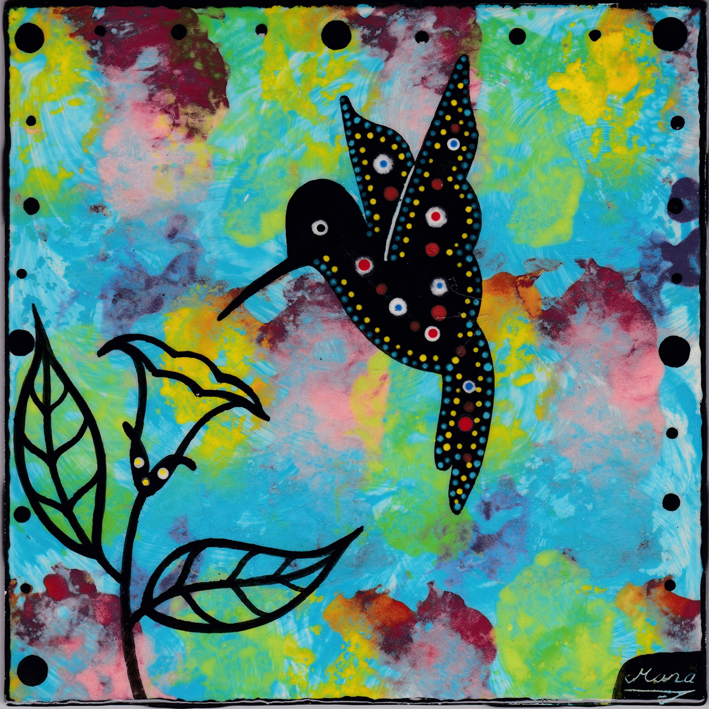 Mana Pottery hummingbird design on 6 inch clay tile