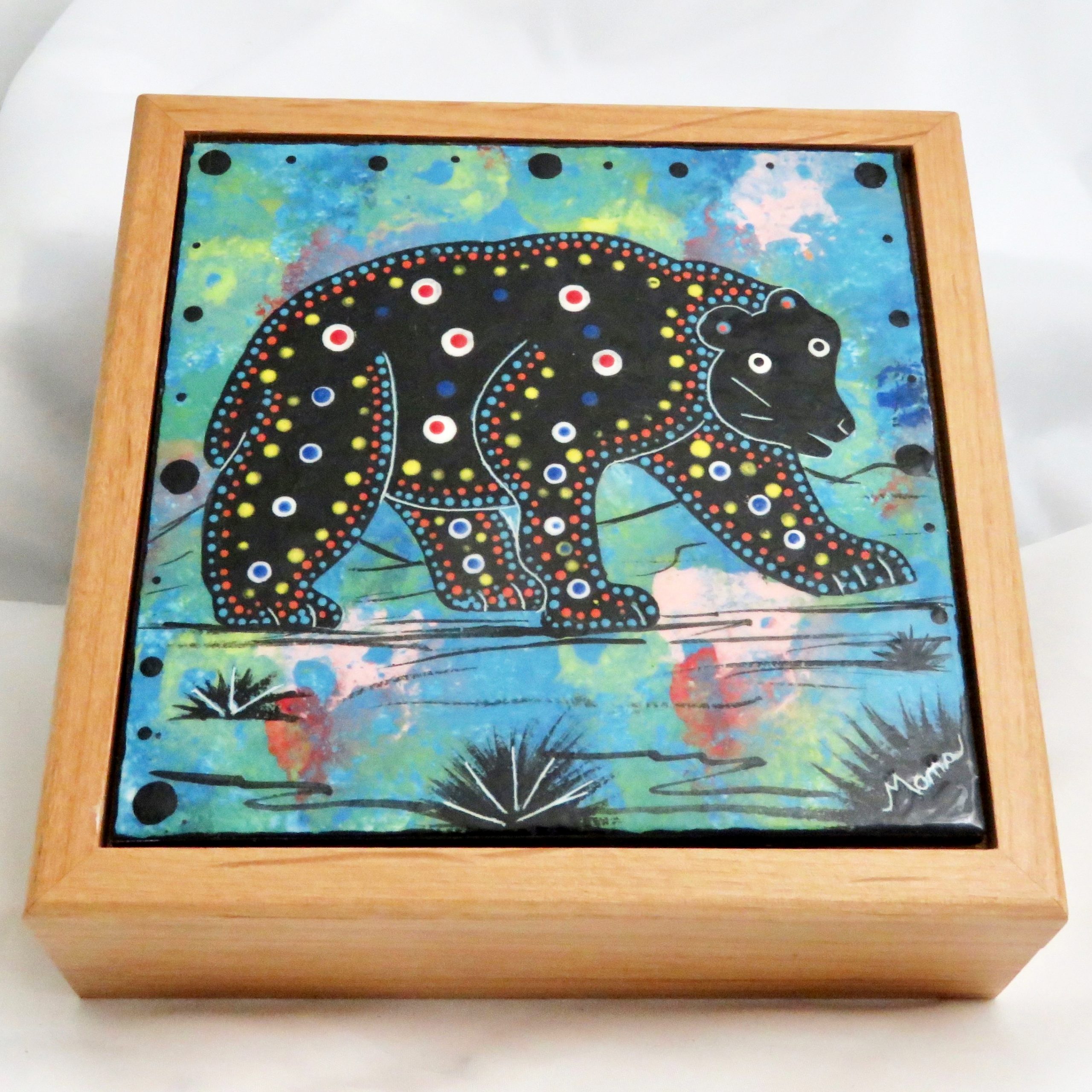 Mana Pottery wooden box with 6" square tile featuring bear design on turquoise blue.