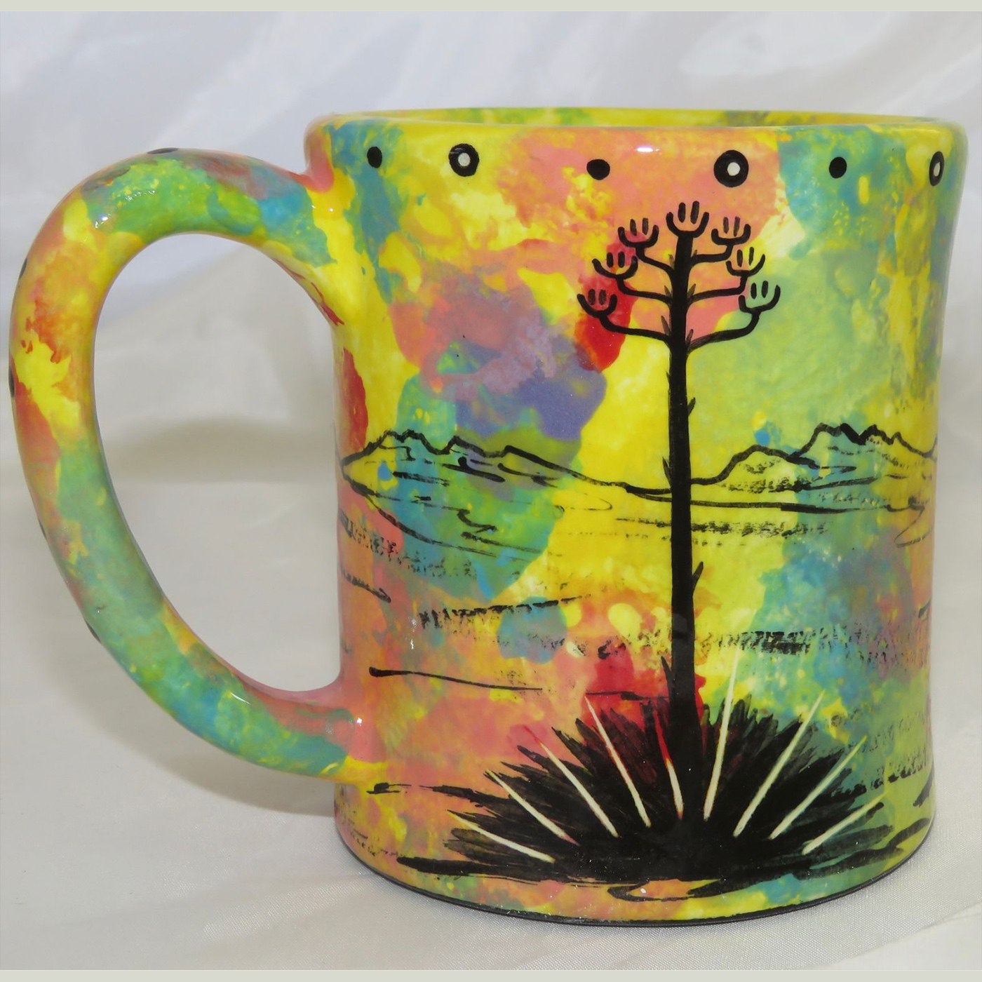 Mana Pottery e-mug featuring bear on one side and native Aravaipa vegetation on reverse, on bright yellow background.