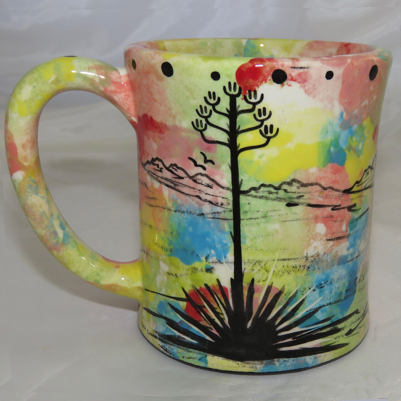 Mana Pottery e-mug featuring horse on one side and native Aravaipa vegetation on reverse, on confetti background.