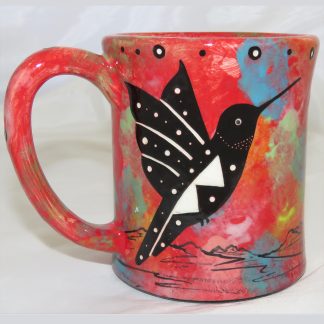 Mana Pottery e-mug featuring hummingbird on one side and native Aravaipa vegetation on reverse, on crimson background.