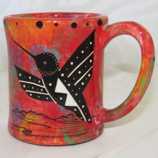 Mana Pottery e-mug featuring hummingbird with spread wings on one side and native Aravaipa vegetation on reverse, on crimson background.