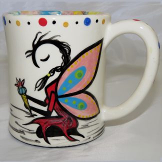 Mana Pottery e-mug featuring Peyote Guardian Spirit on one side and native Aravaipa vegetation on reverse, on white background.
