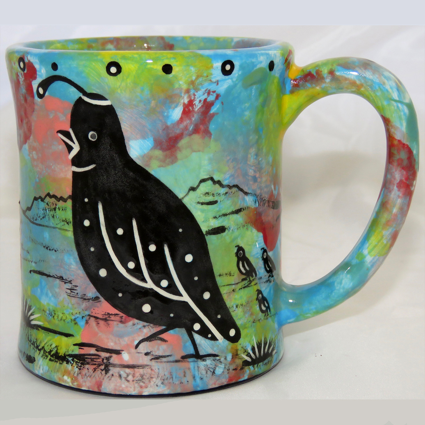 Mana Pottery e-mug featuring quail on one side and native Aravaipa vegetation on reverse, on turquoise blue background.