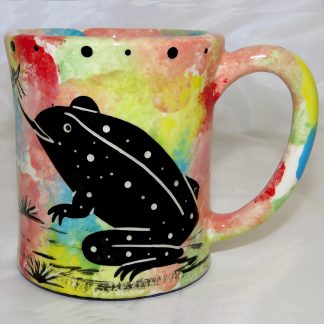 Mana Pottery e-mug featuring toad on front and native Aravaipa vegetation on reverse, on confetti background.