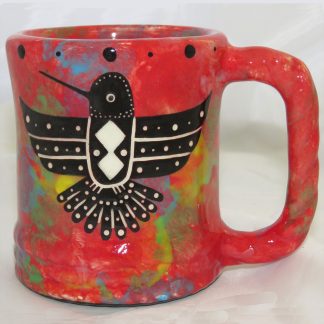 Mana Pottery rope mug featuring hummingbird with spread wings on one side and native Aravaipa vegetation on reverse, on crimson background. The "rope" mug has a handle that is shaped like rope.