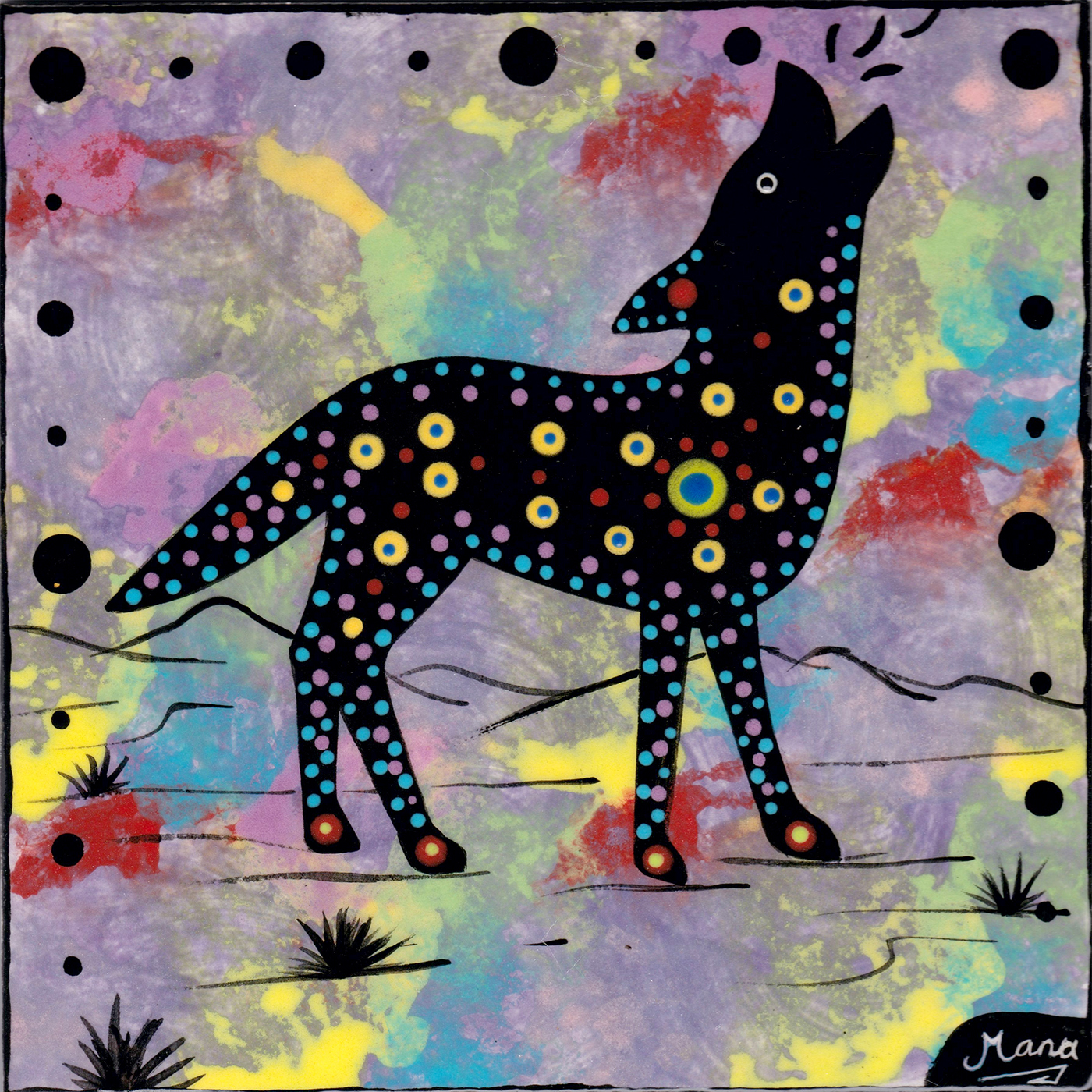 Mana Pottery coyote design on 6 inch clay tile