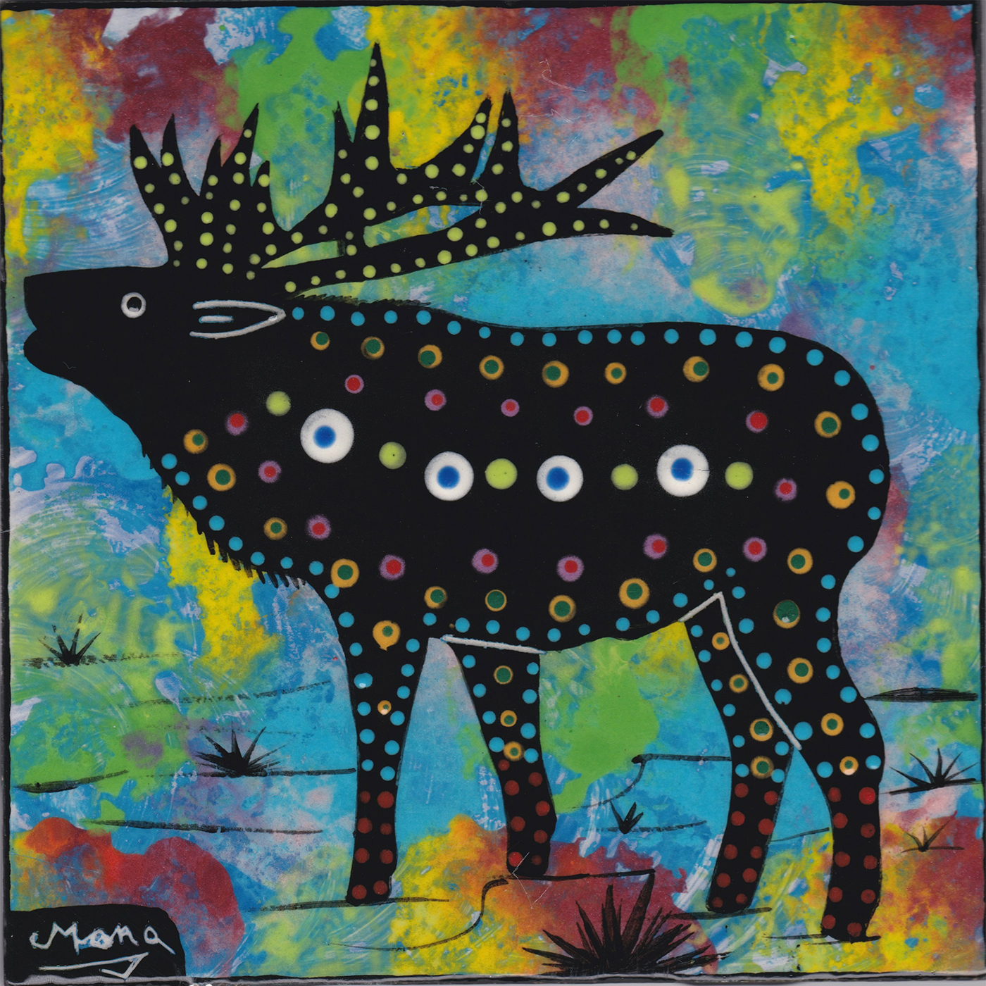 Mana Pottery elk design on 6 inch clay tile