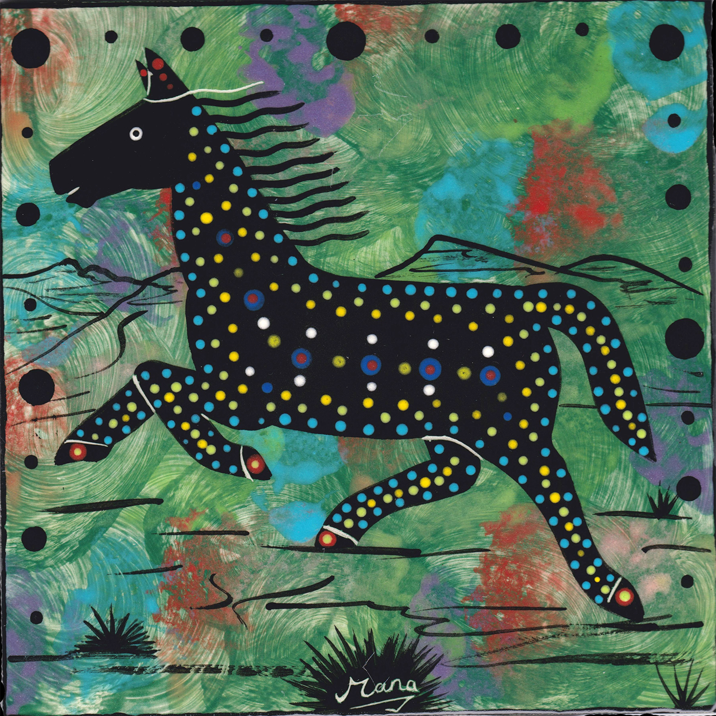 Mana Pottery horse design on 6 inch clay tile