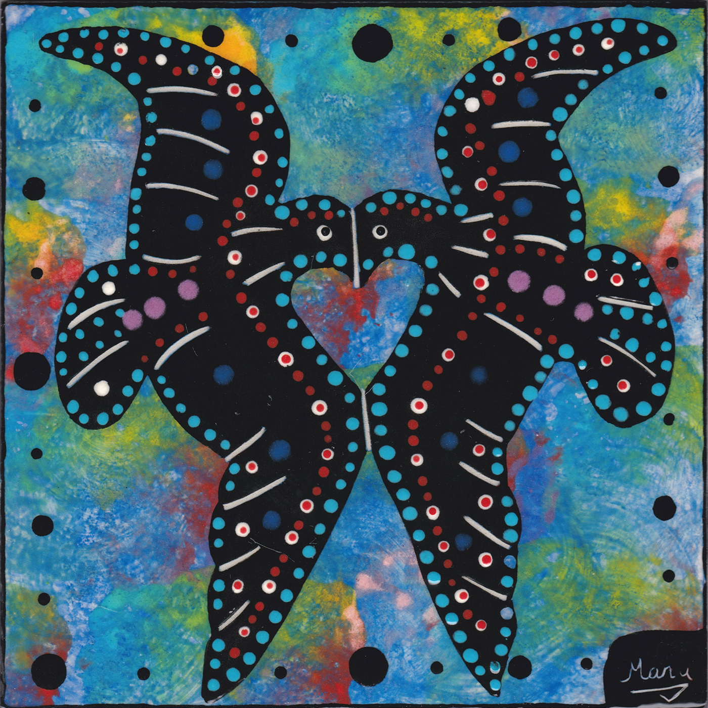 Mana Pottery lovebirds design on 6 inch clay tile