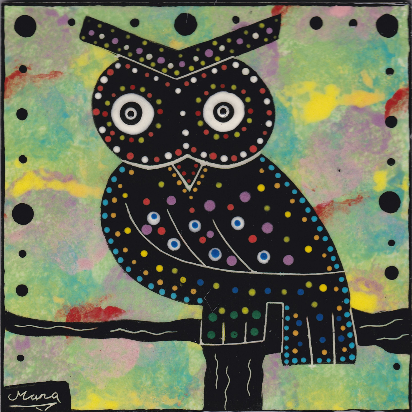 Mana Pottery owl design on 6 inch clay tile