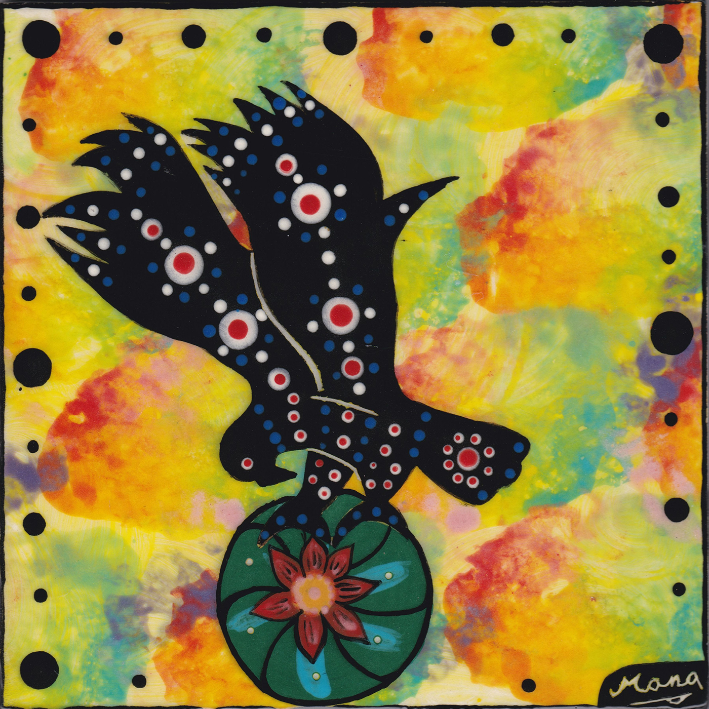 Mana Pottery eagle on peyote button design on 6 inch clay tile