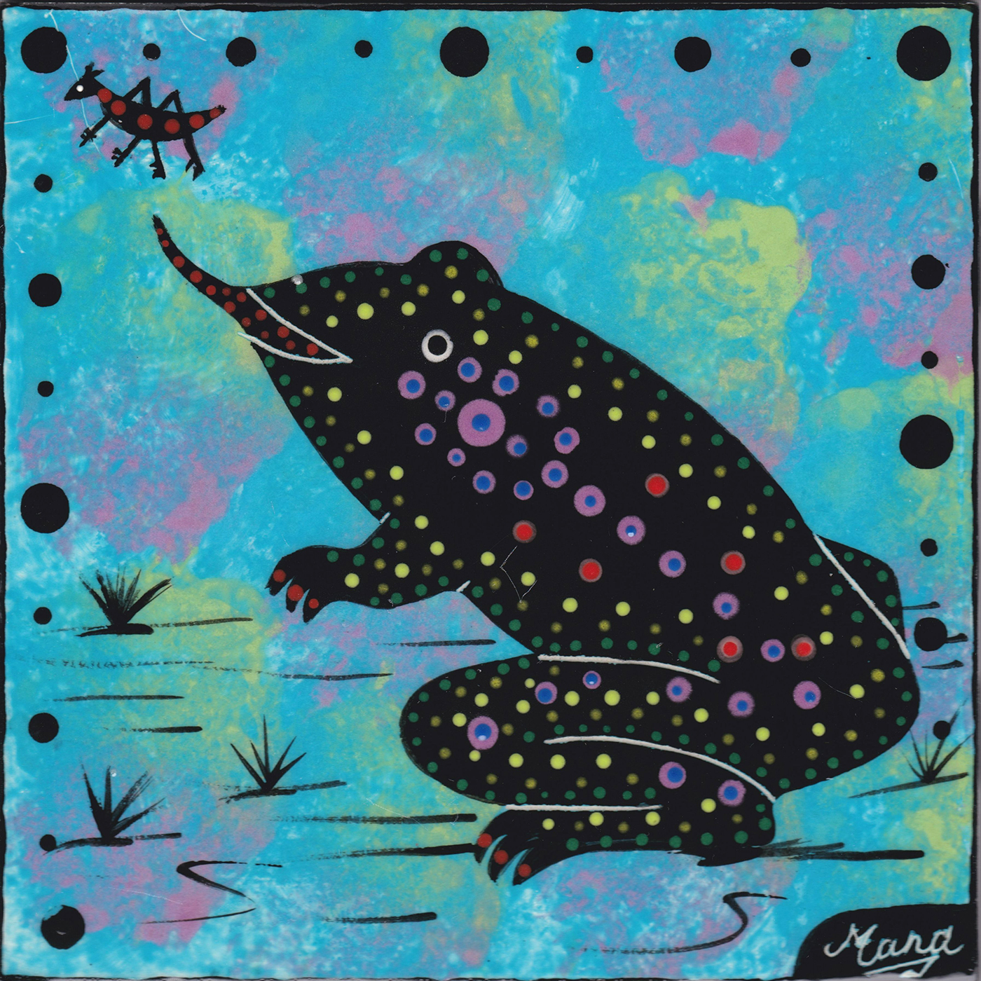 Mana Pottery toad design on 6 inch clay tile