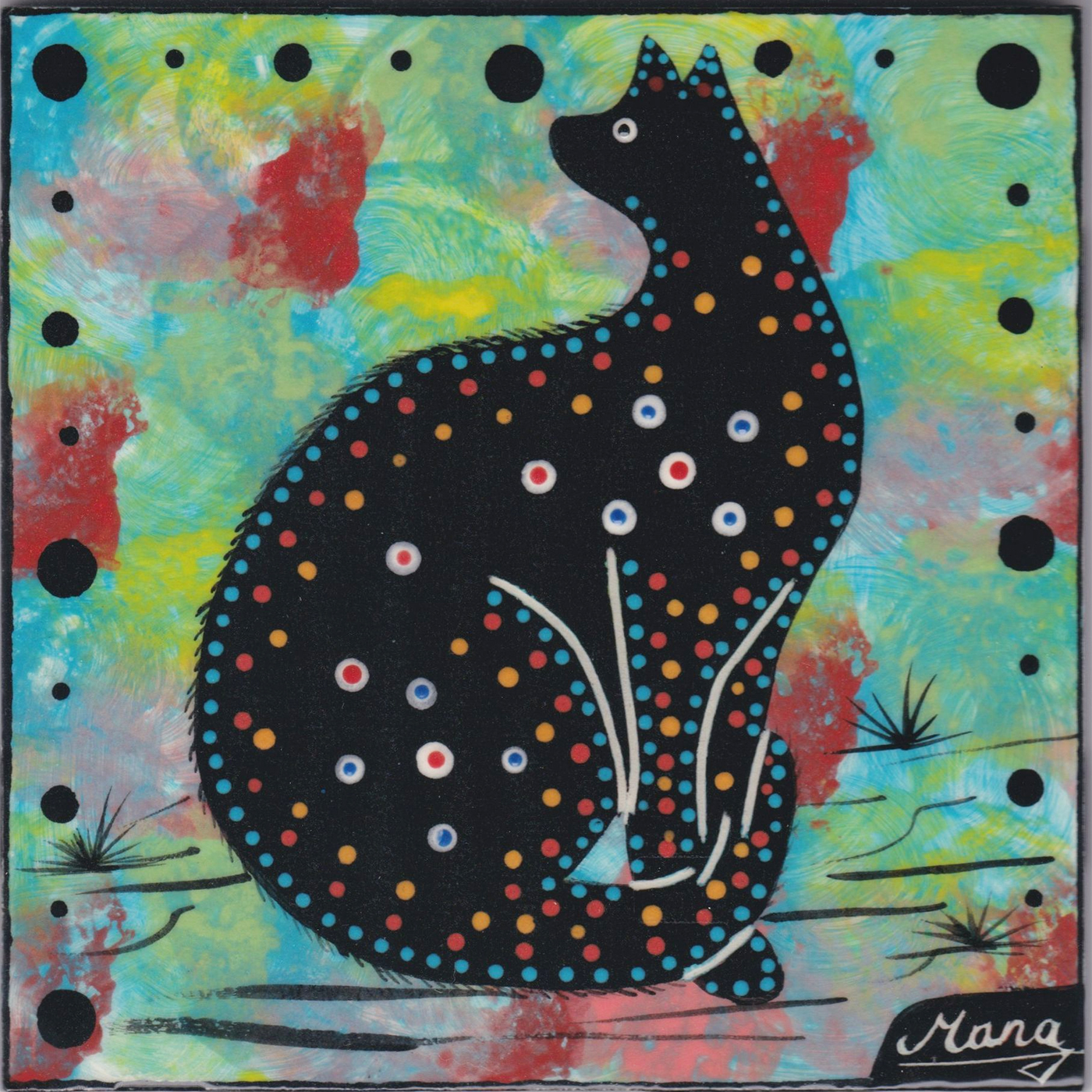 Mana Pottery cat design on 6 inch clay tile