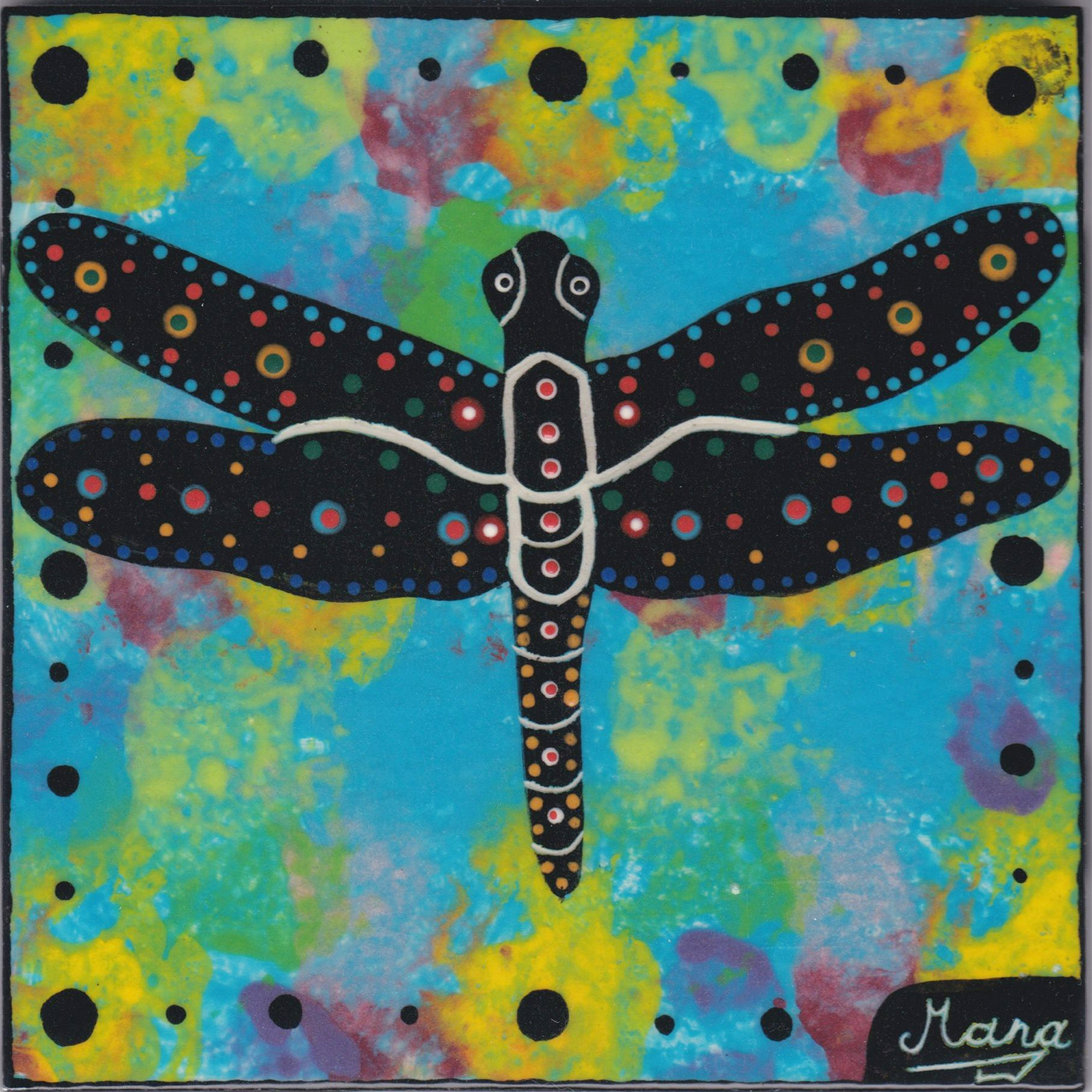 Mana Pottery dragonfly design on 6 inch clay tile
