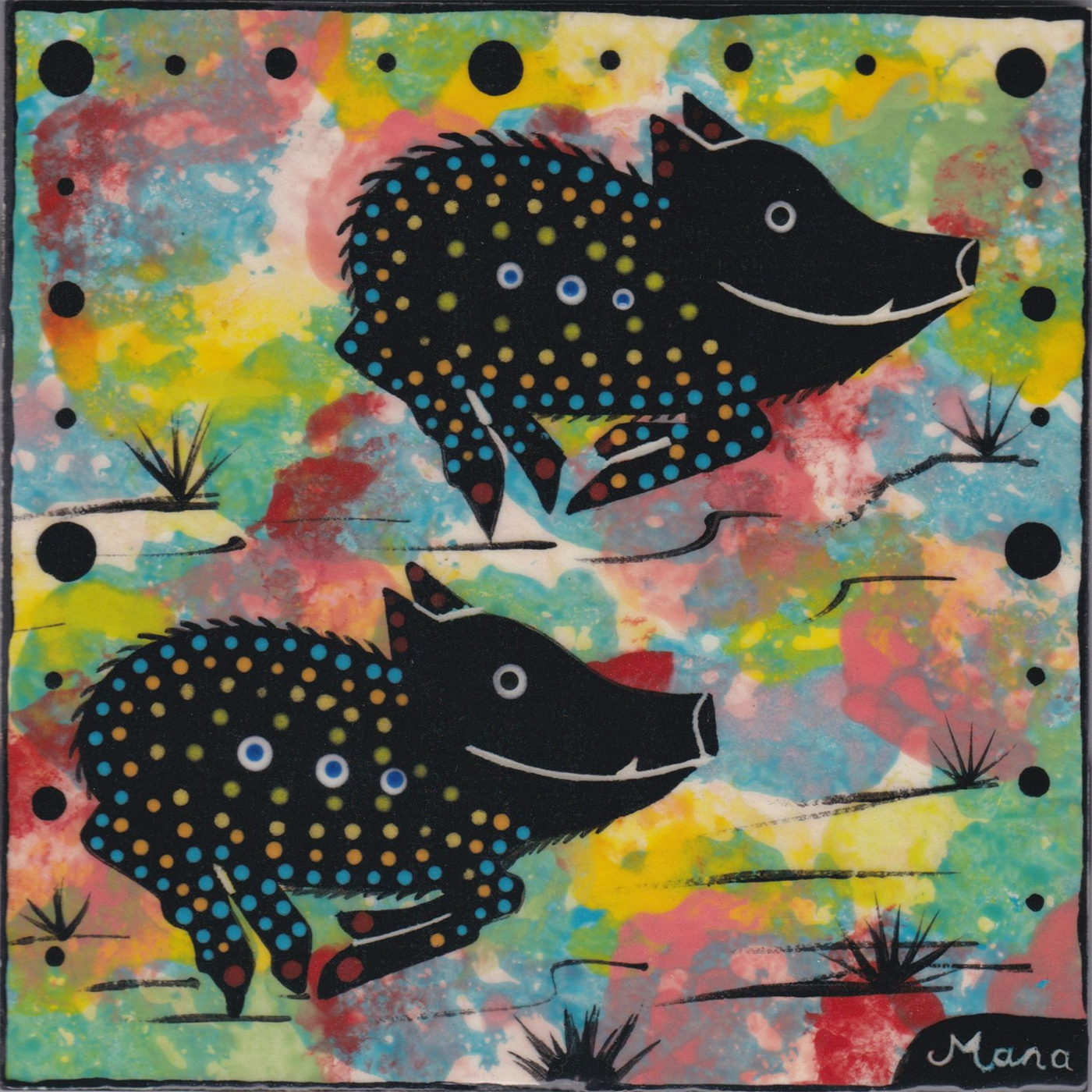 Mana Pottery javelina design on 6 inch clay tile
