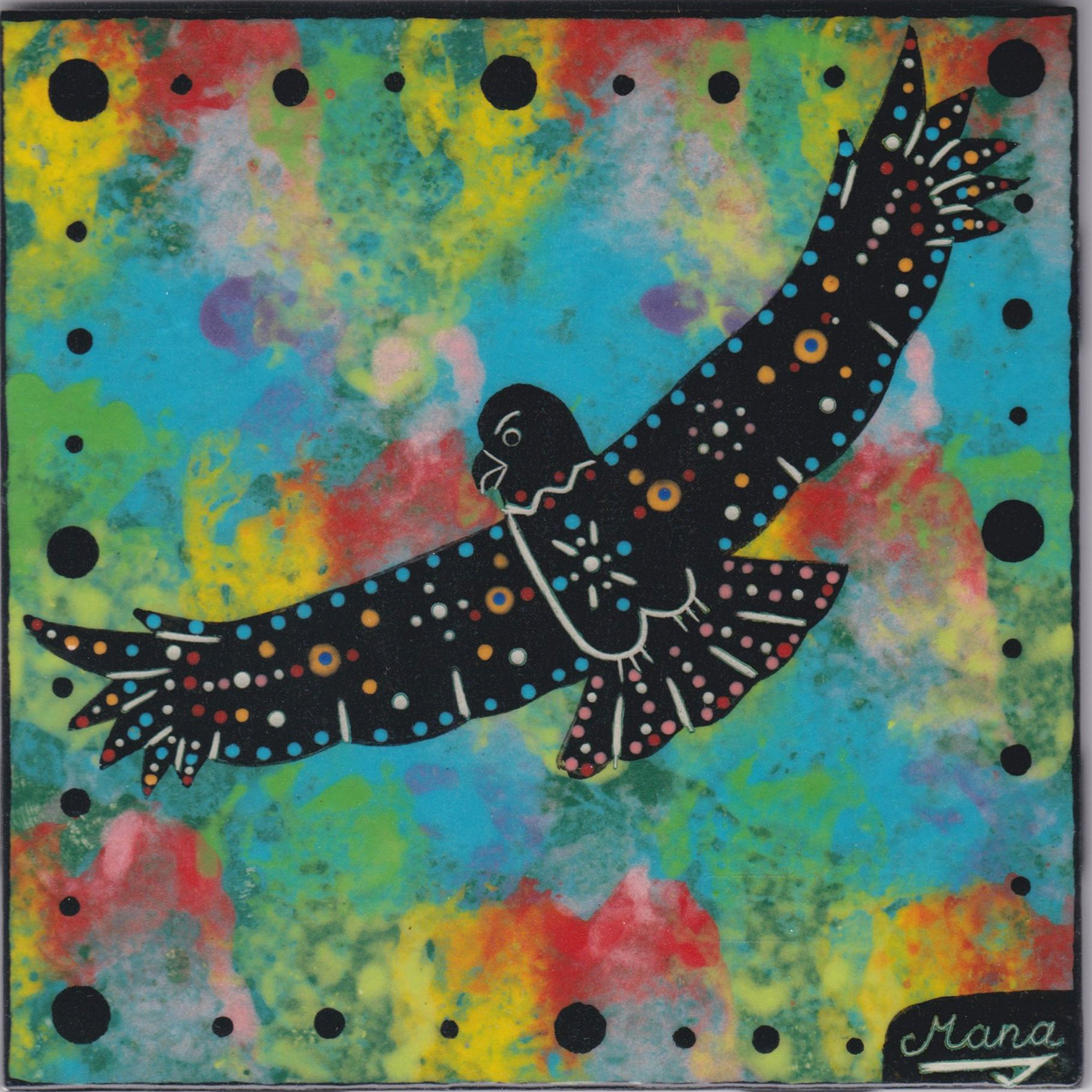 Mana Pottery hawk design on 6 inch clay tile