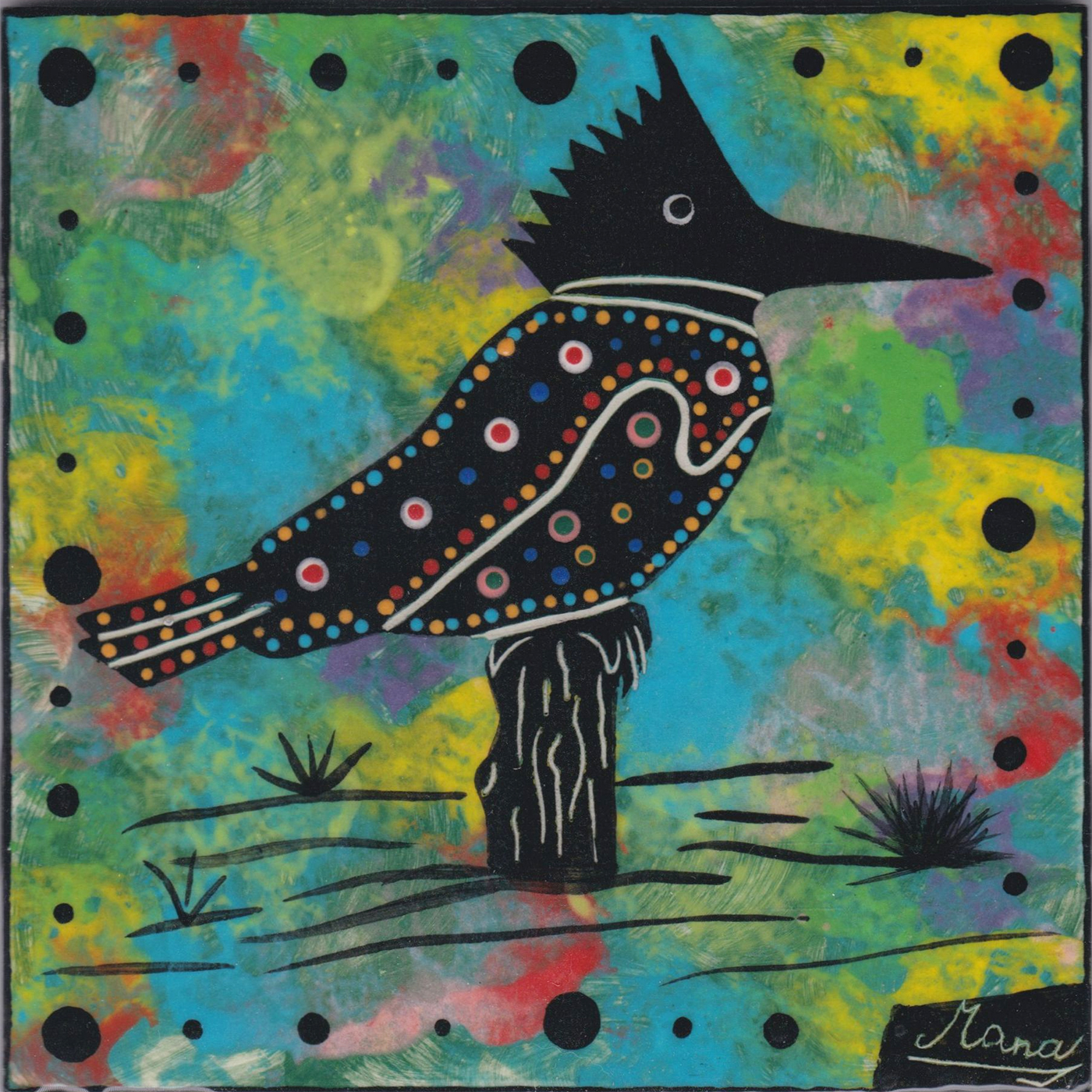 Mana Pottery kingfisher design on 6 inch clay tile