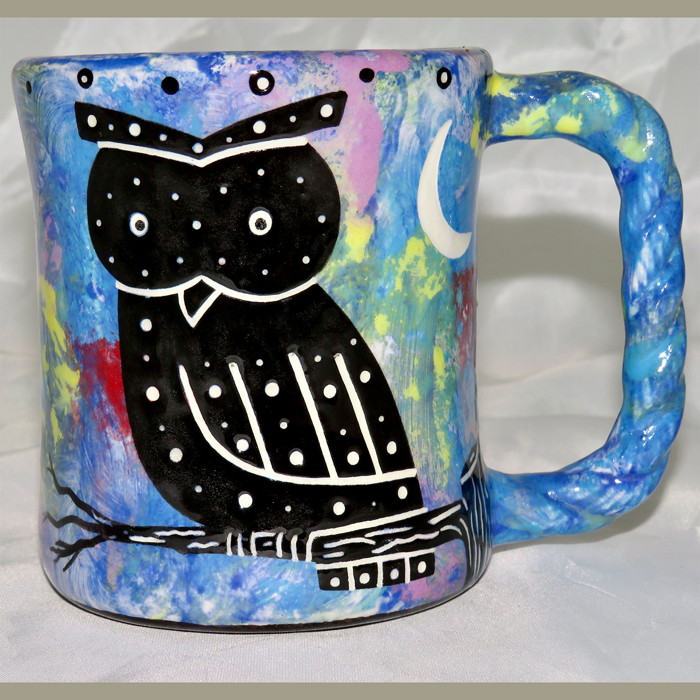 Mana Pottery Rope Mug featuring owl on one side and desert vegetation on reverse.
