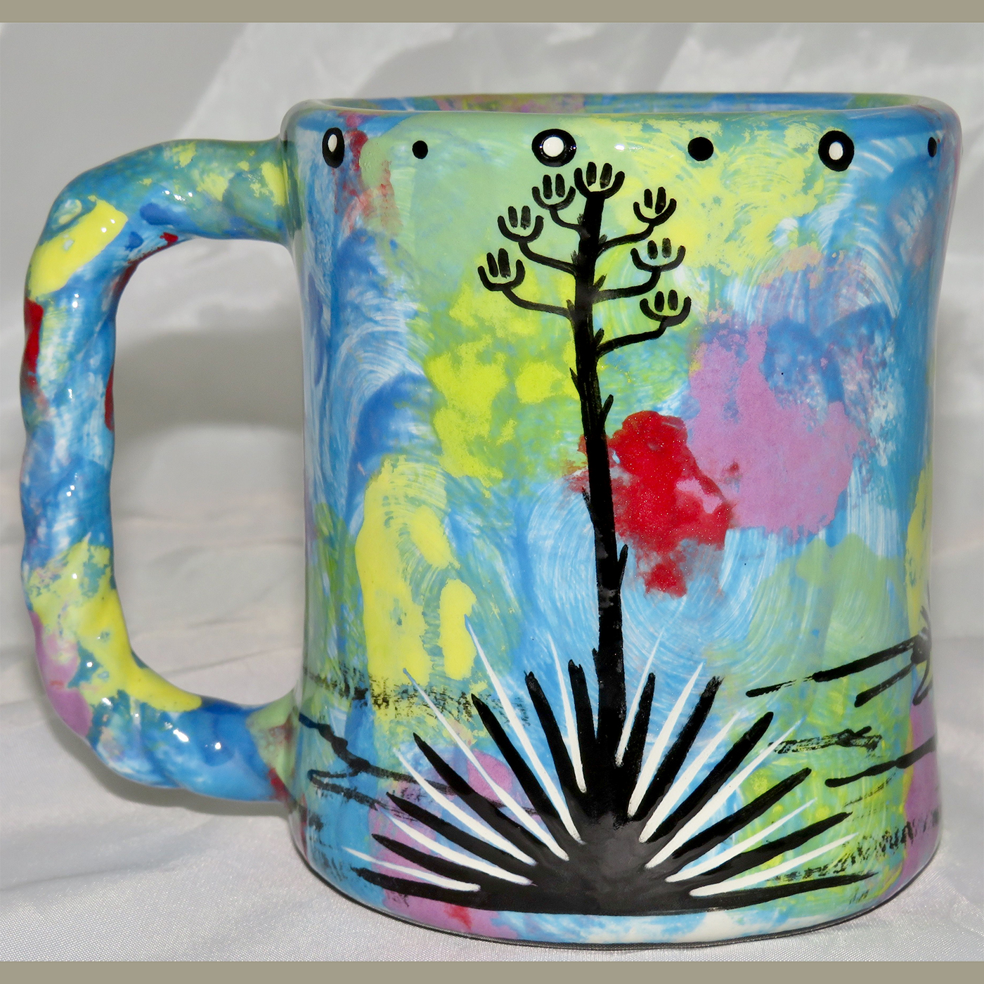 Mana Pottery Rope Mug featuring quail on one side and desert vegetation on reverse.