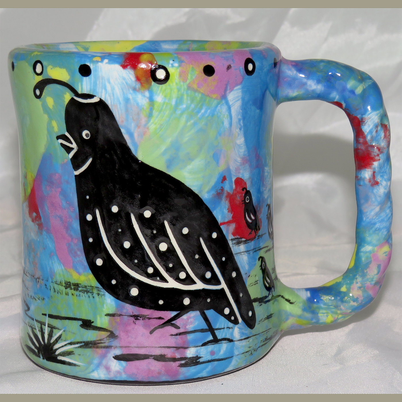 Mana Pottery Rope Mug featuring quail on one side and desert vegetation on reverse.