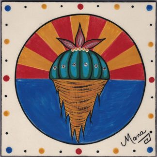 Mana Pottery clay tile featuring blue Peyote root on Arizona flag