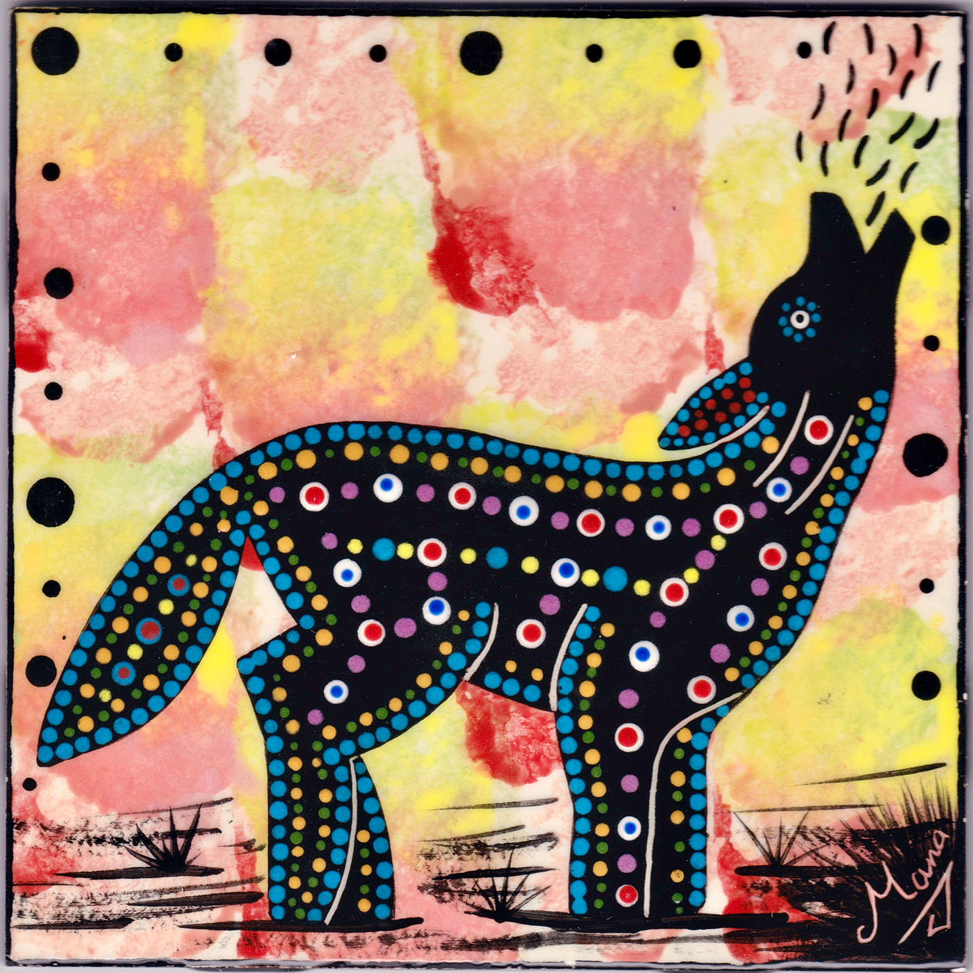 Mana Pottery coyote design on 6 inch clay tile on yellow