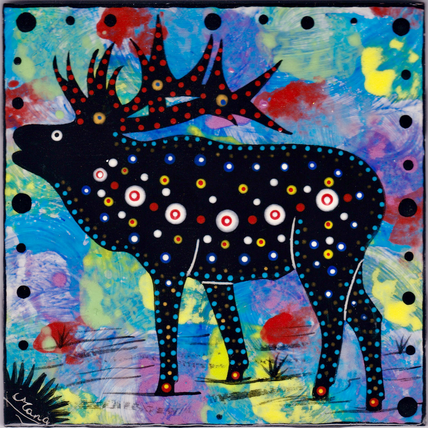 Mana Pottery elk design on 6 inch clay tile on blue