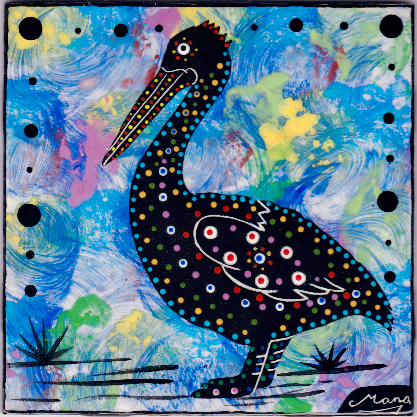 Mana Pottery pelican design on 6 inch clay tile on blue background
