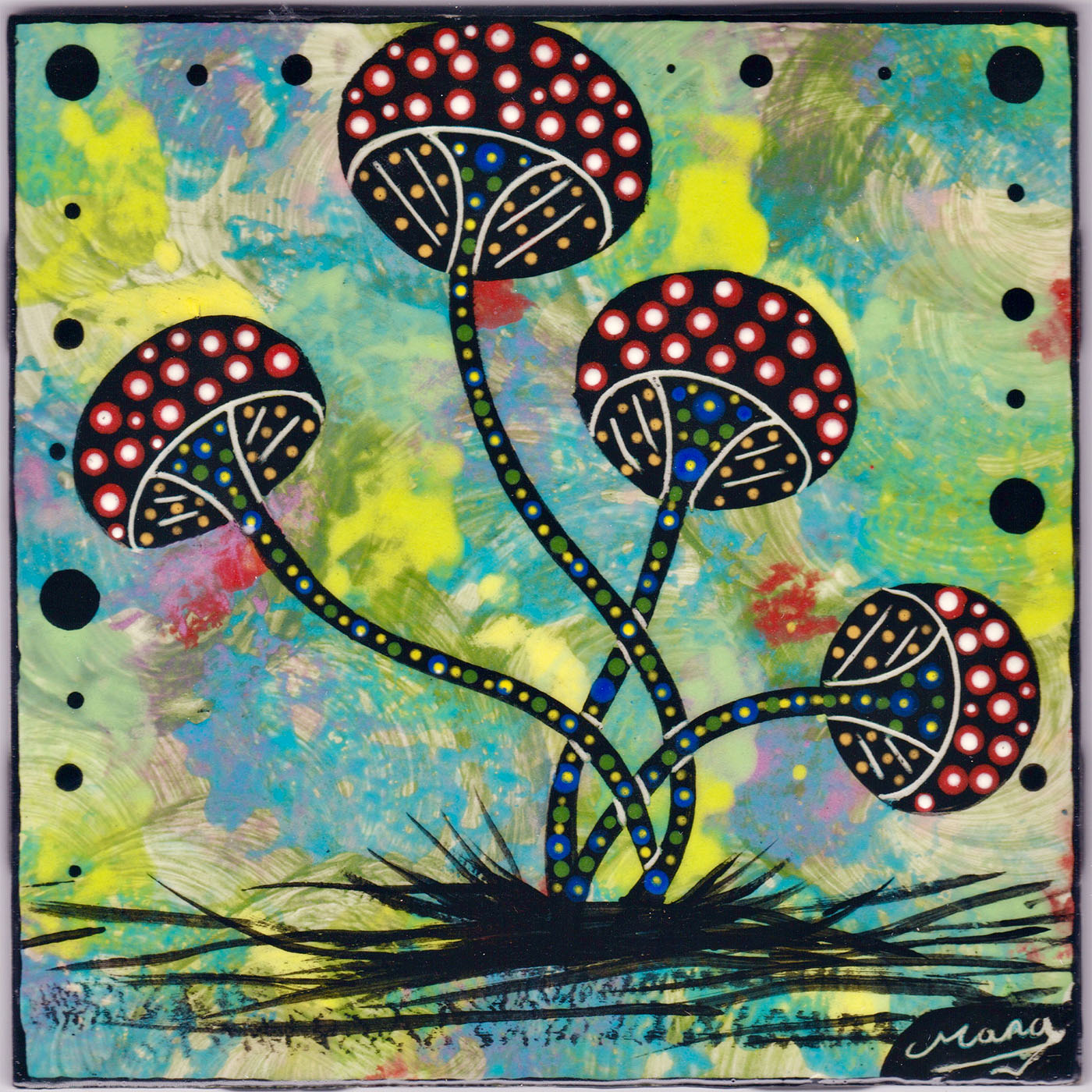 Mana Pottery psilocybin mushroom design on 6 inch clay tile