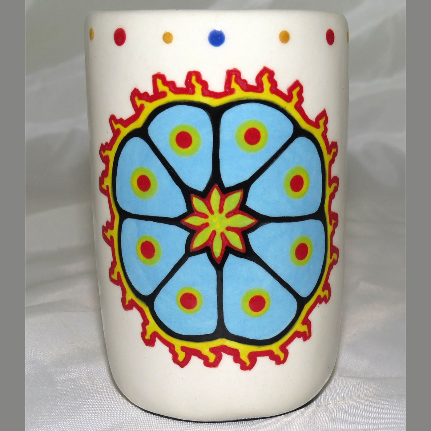 Mana Pottery clay pottery shot glass featuring Peyote button on one side and desert plant on reverse.