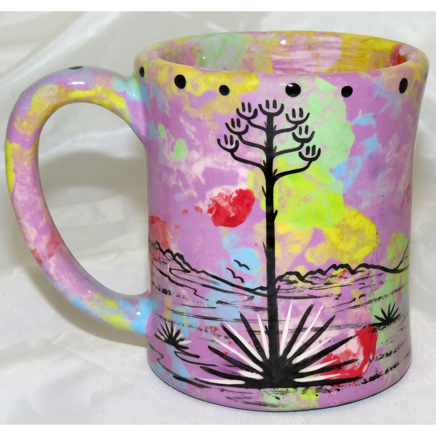 Mana Pottery e-mug featuring quail and desert landscape on reverse sides, on lavender background.