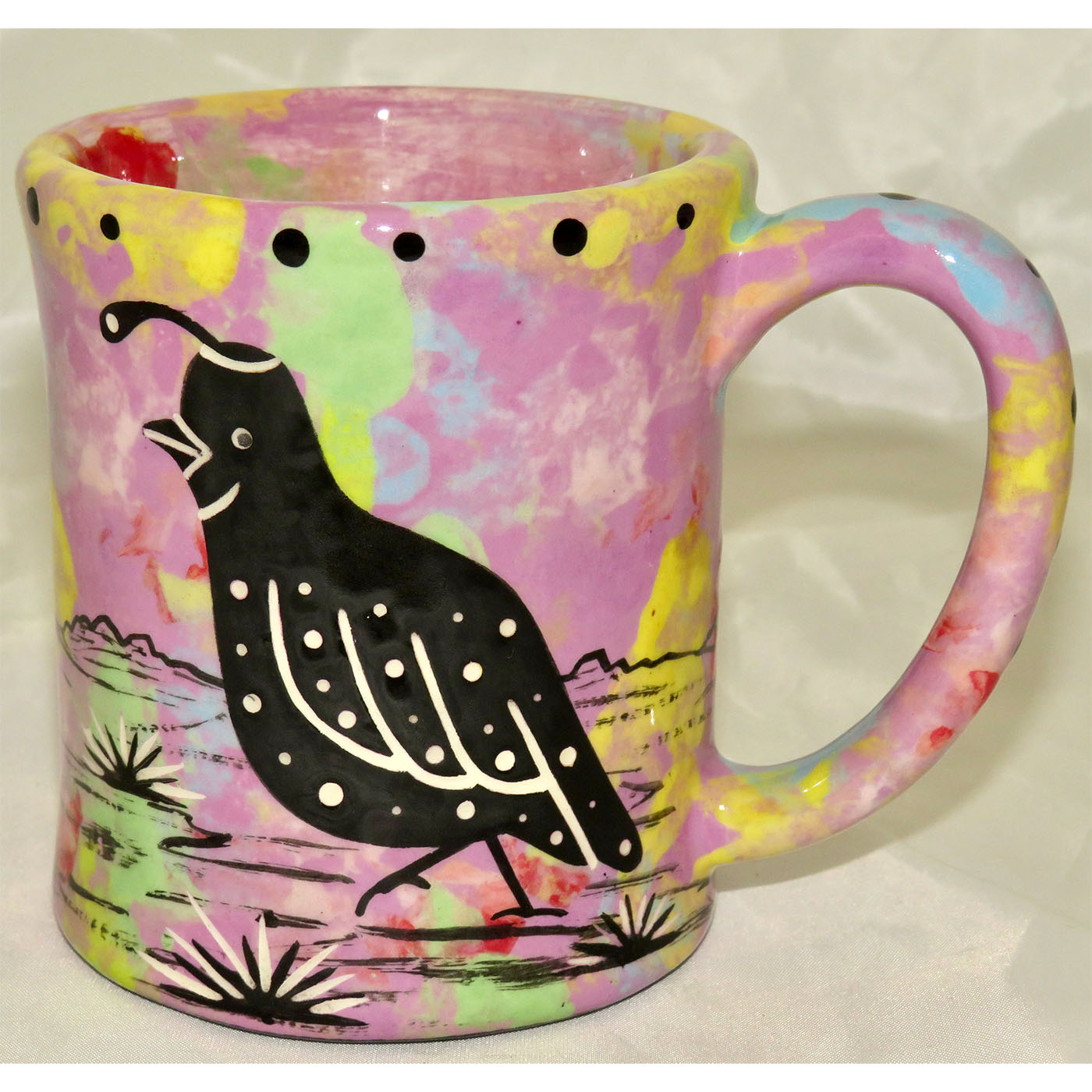 Mana Pottery e-mug featuring quail and desert landscape on reverse sides, on lavender background.
