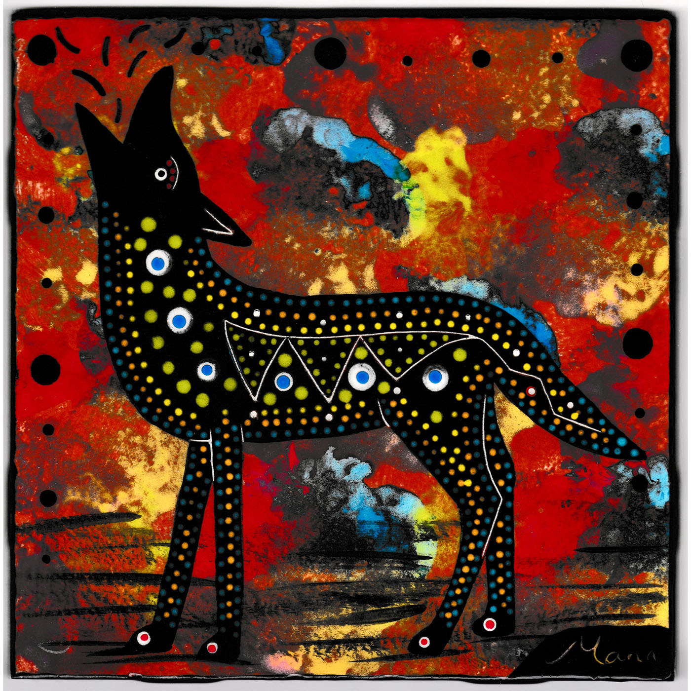Mana Pottery 6 inch tile featuring coyote on crimson